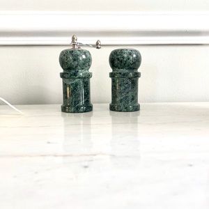 Green marble pepper mill and salt shaker